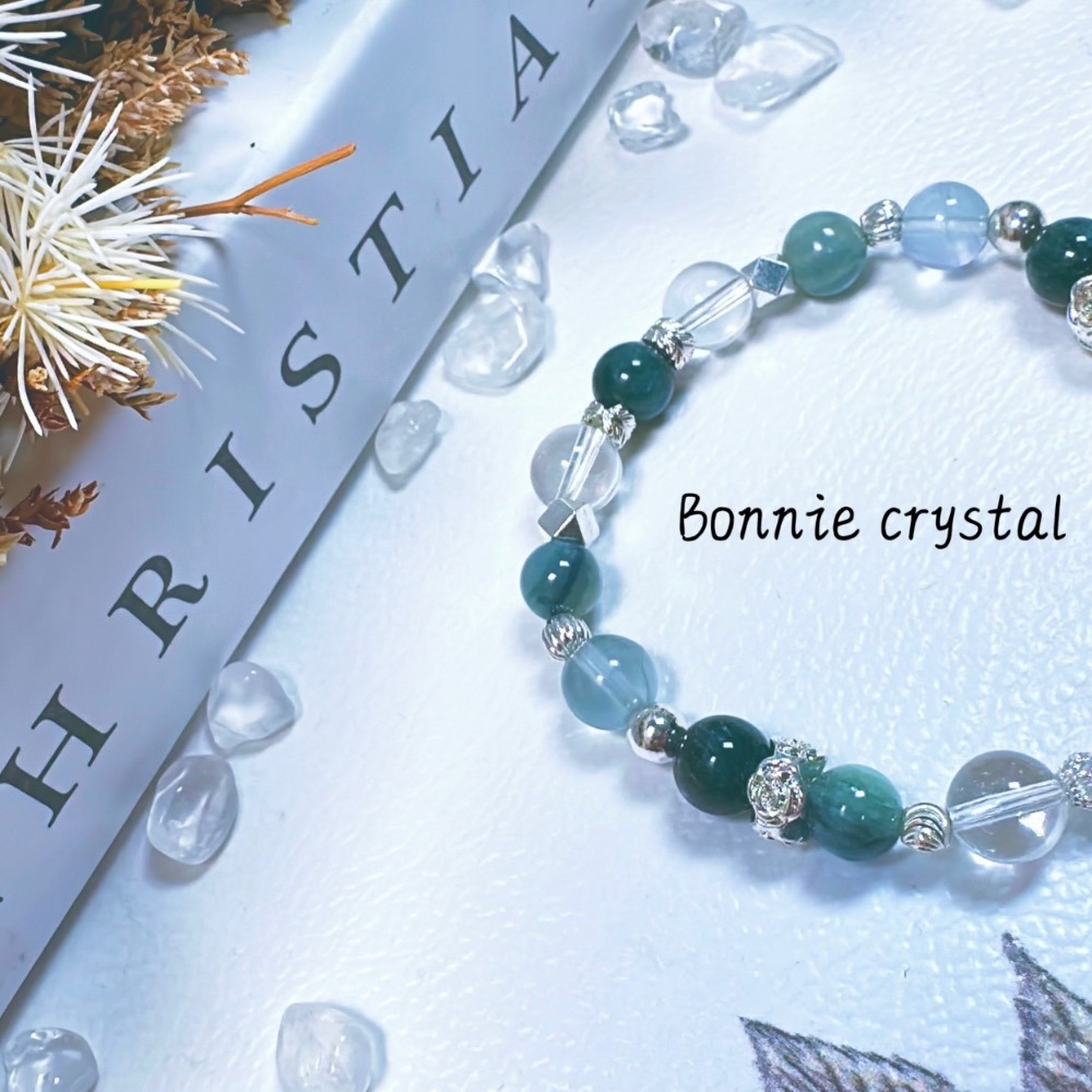 ✨✨ 碧藍晨曦設計手鍊✨✨綠幽靈方塊、孔雀綠磷灰、綠幽靈、藍綠晶、綠瑩石、白水晶-細節圖5
