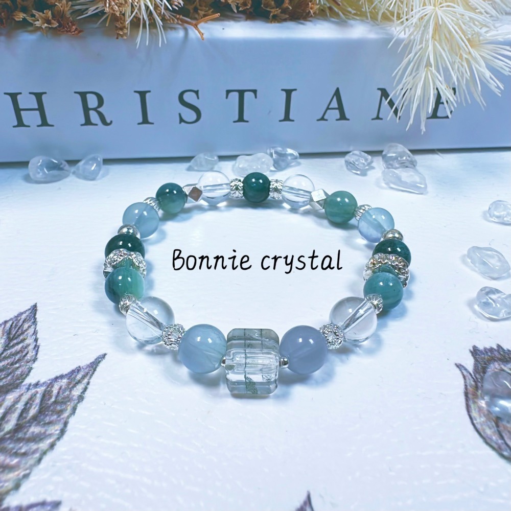 ✨✨ 碧藍晨曦設計手鍊✨✨綠幽靈方塊、孔雀綠磷灰、綠幽靈、藍綠晶、綠瑩石、白水晶-細節圖2