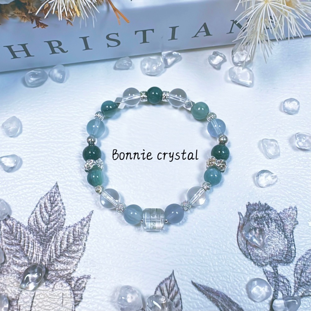 ✨✨ 碧藍晨曦設計手鍊✨✨綠幽靈方塊、孔雀綠磷灰、綠幽靈、藍綠晶、綠瑩石、白水晶-細節圖3