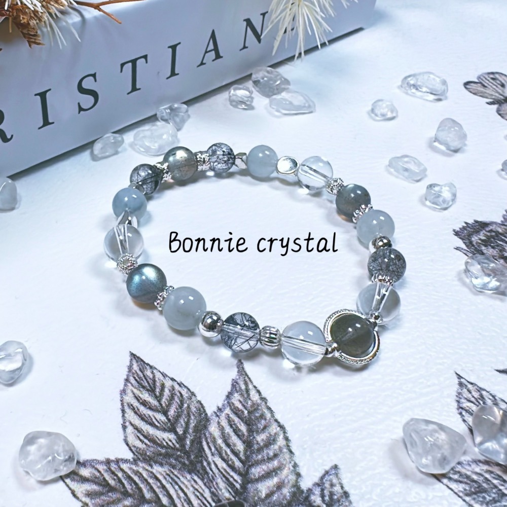 ✨✨ 迷霧星空設計手鍊✨✨灰拉長石、黑髮晶、灰藍兔毛、白水晶-細節圖3