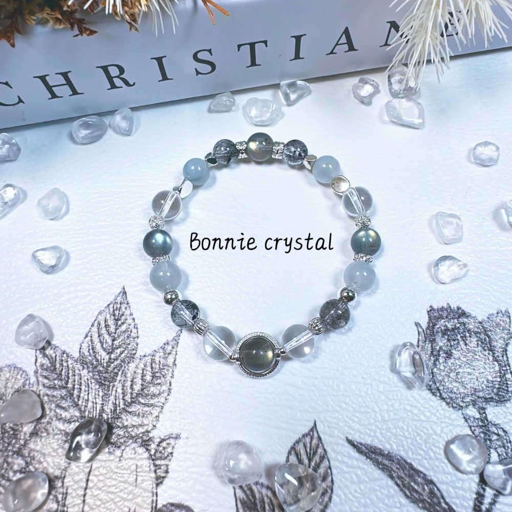 ✨✨ 迷霧星空設計手鍊✨✨灰拉長石、黑髮晶、灰藍兔毛、白水晶-細節圖4