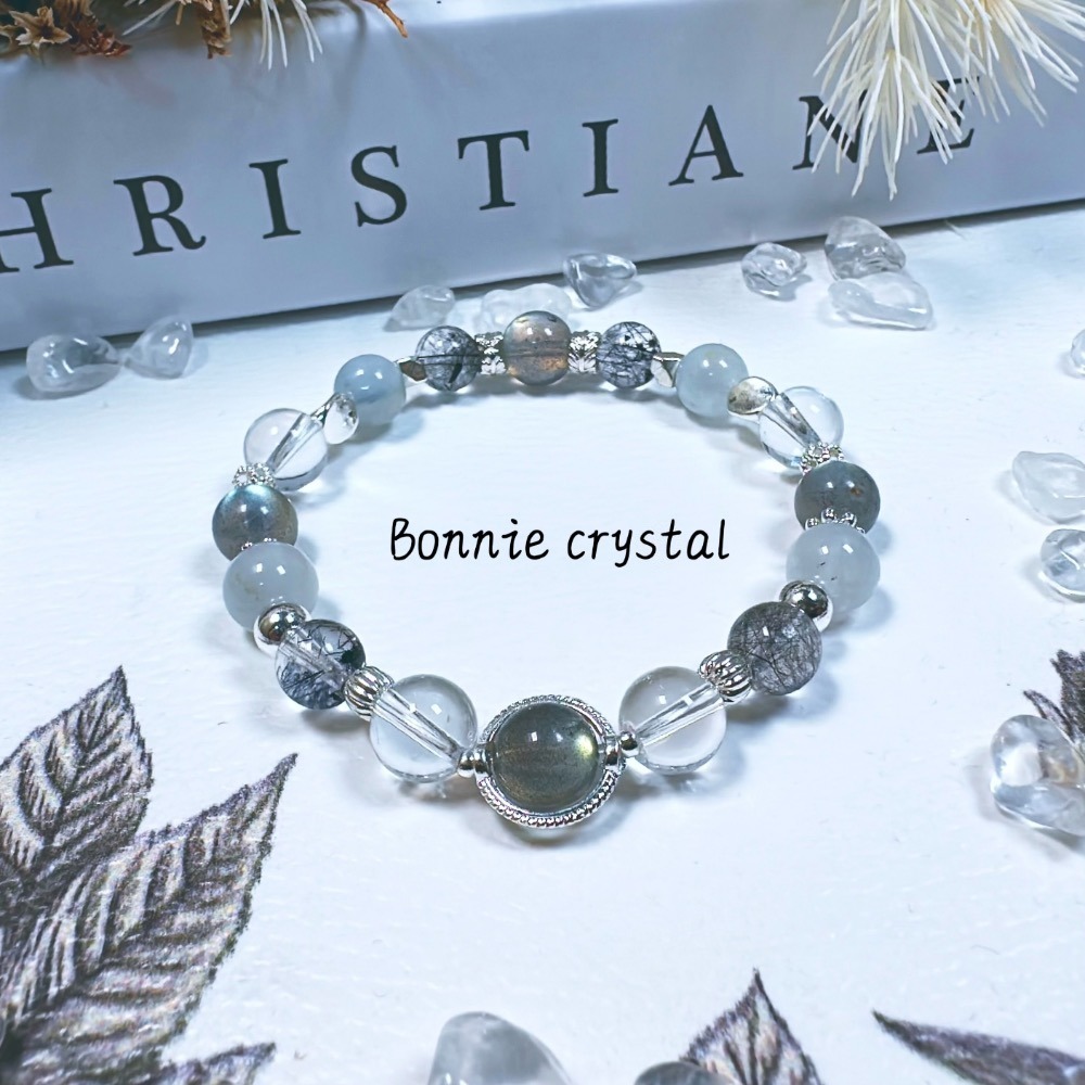 ✨✨ 迷霧星空設計手鍊✨✨灰拉長石、黑髮晶、灰藍兔毛、白水晶-細節圖2