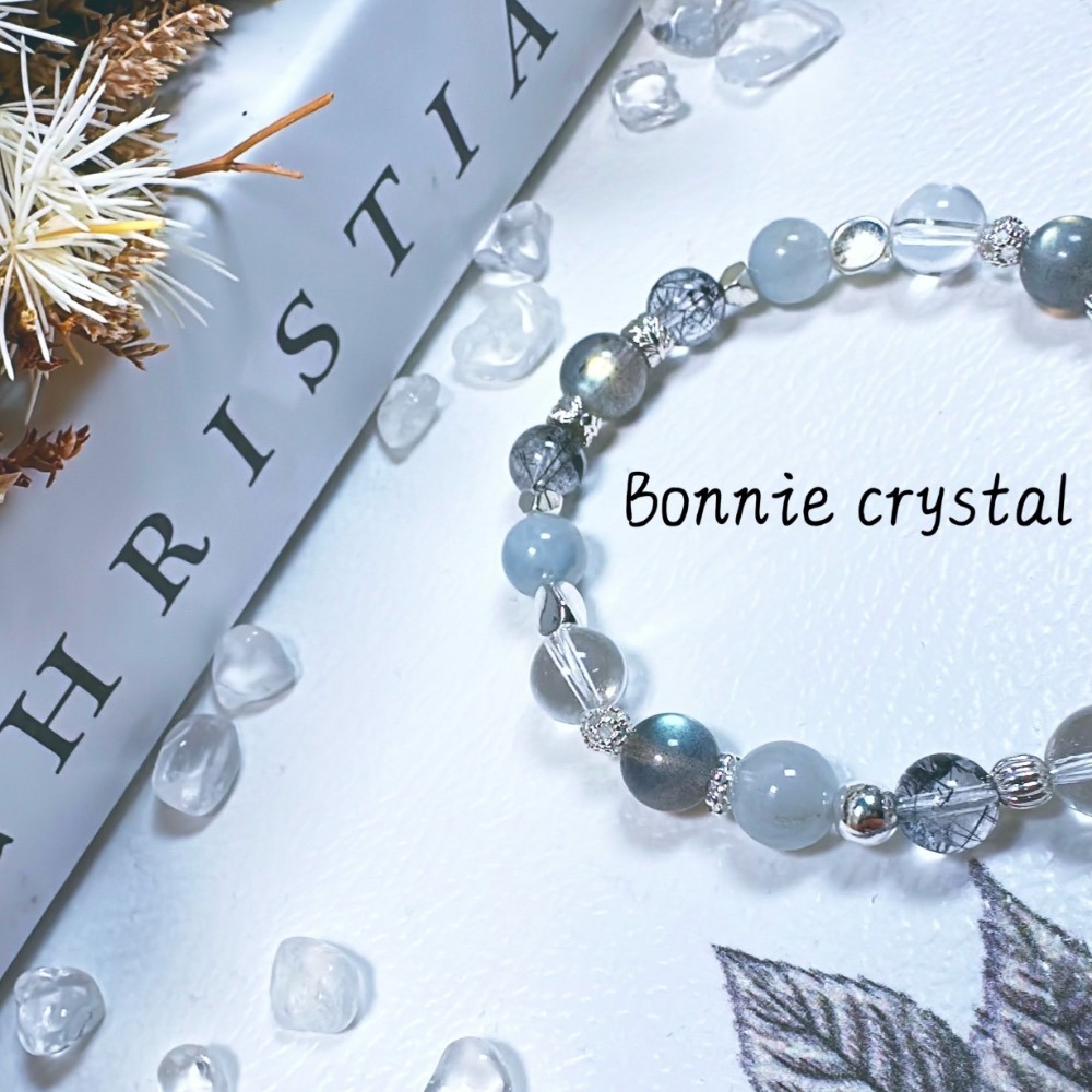 ✨✨ 迷霧星空設計手鍊✨✨灰拉長石、黑髮晶、灰藍兔毛、白水晶-細節圖5
