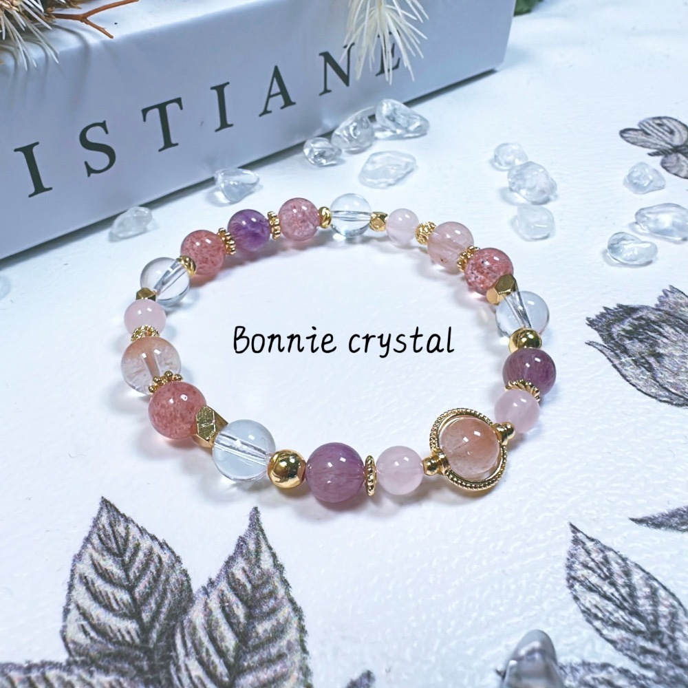✨✨ 粉紅泡泡設計手鍊✨✨草莓晶、粉兔毛、粉紫超七、粉晶、白水晶-細節圖3