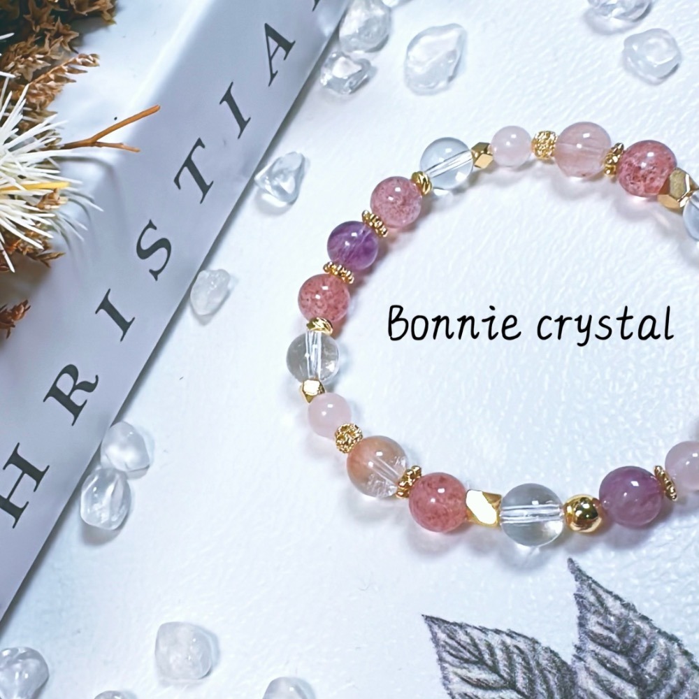 ✨✨ 粉紅泡泡設計手鍊✨✨草莓晶、粉兔毛、粉紫超七、粉晶、白水晶-細節圖5