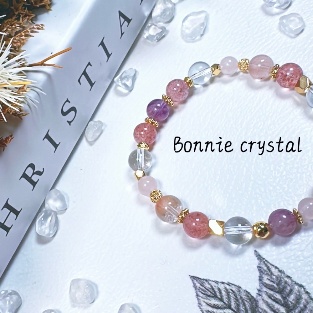 ✨✨ 粉紅泡泡設計手鍊✨✨草莓晶、粉兔毛、粉紫超七、粉晶、白水晶-細節圖5