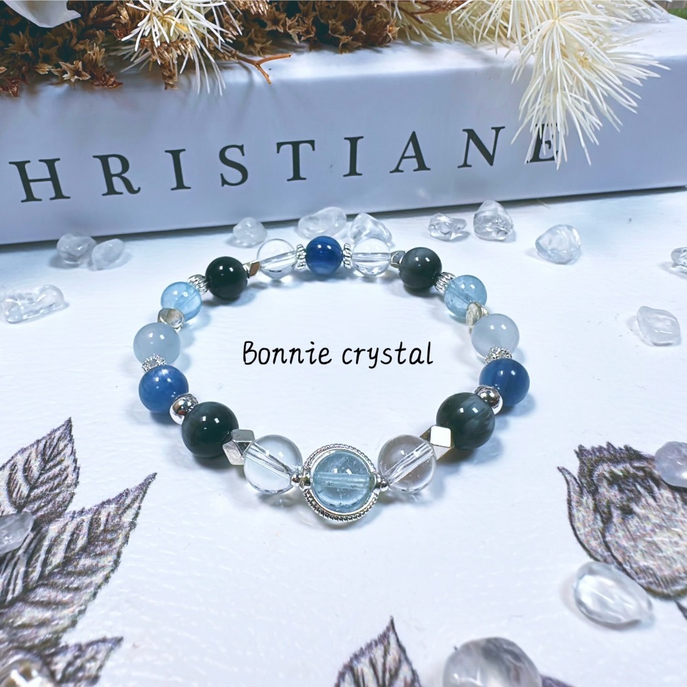 ✨✨ 星空藍羽設計手鍊✨✨藍托帕石、藍晶石、藍兔毛、鷹眼石、白水晶-細節圖2