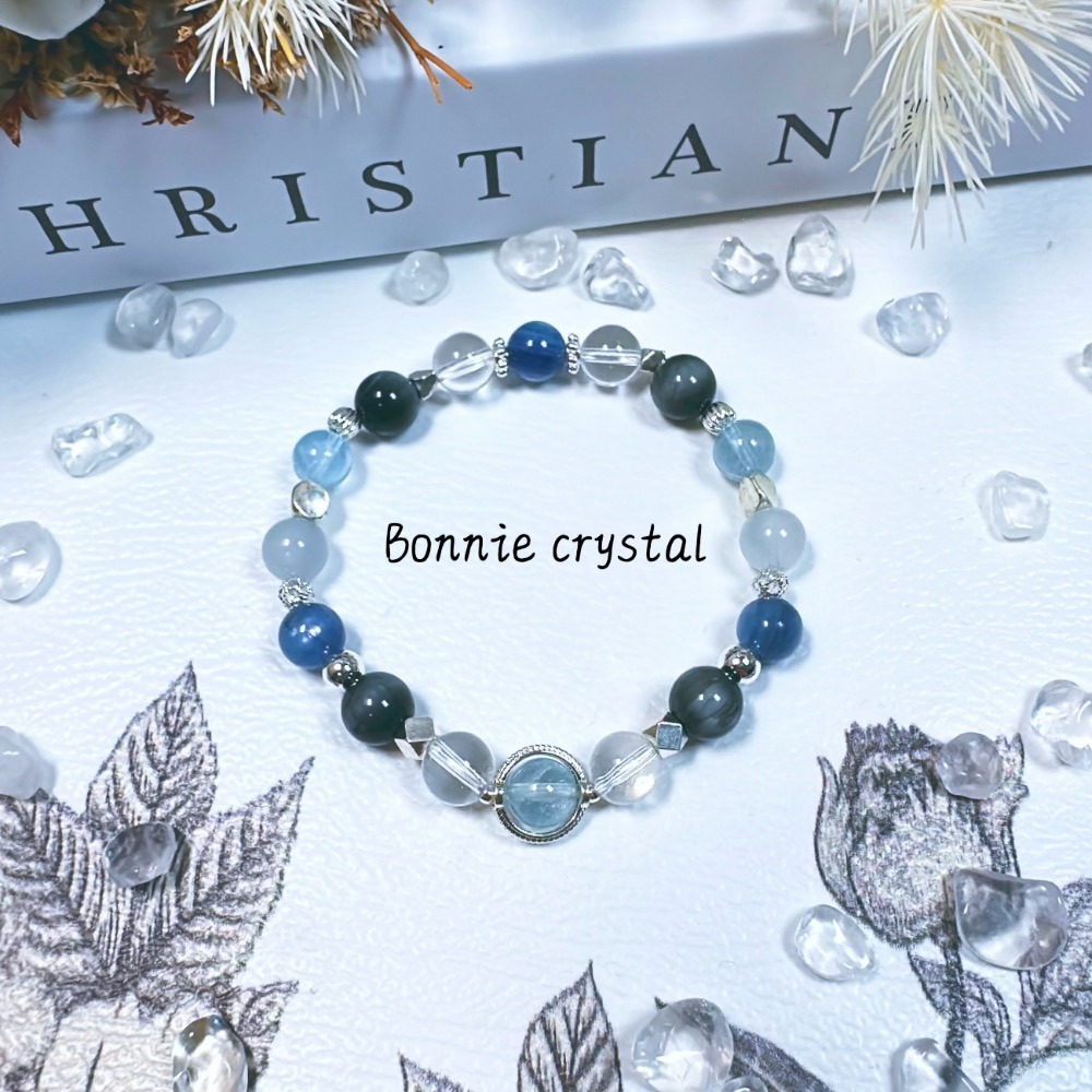 ✨✨ 星空藍羽設計手鍊✨✨藍托帕石、藍晶石、藍兔毛、鷹眼石、白水晶-細節圖4