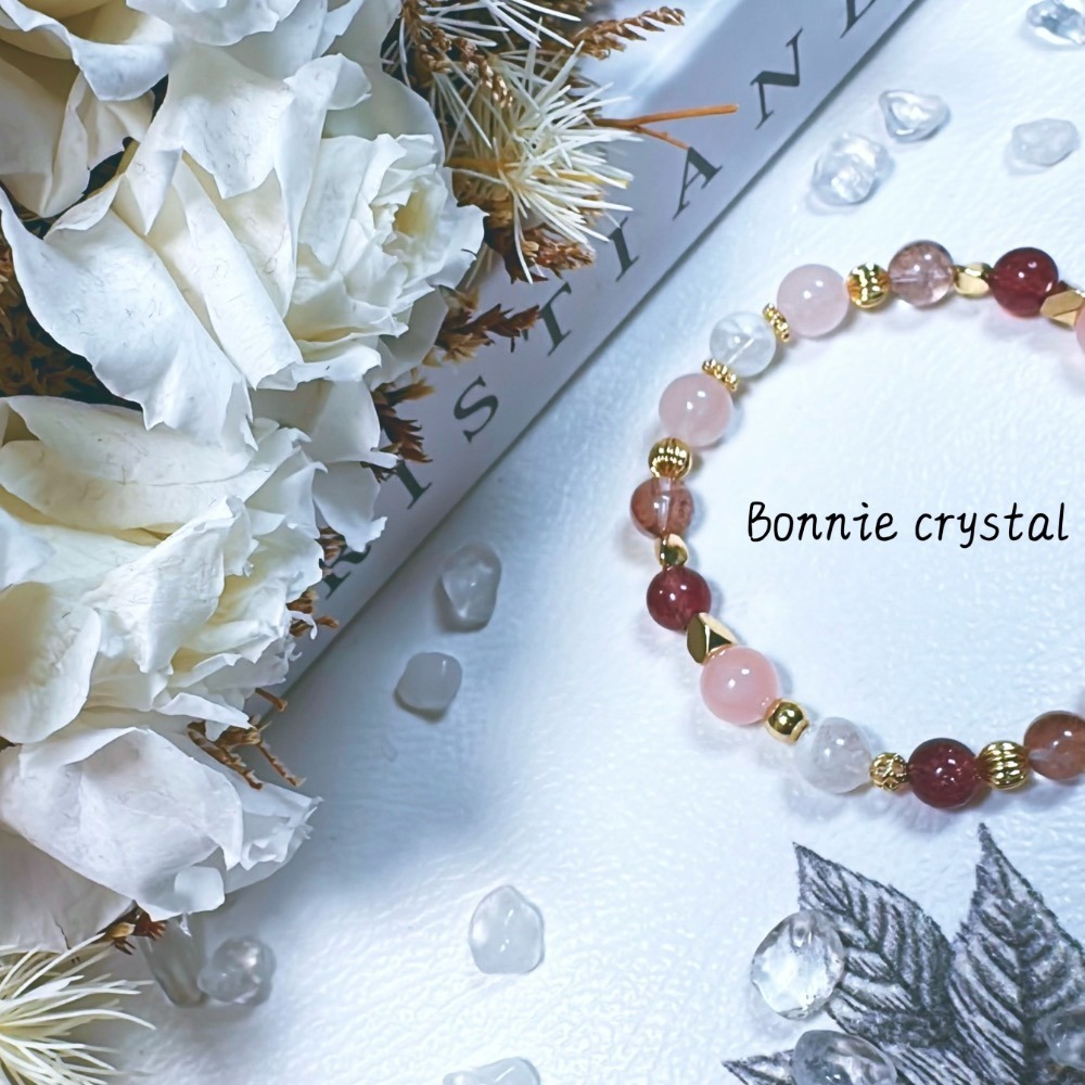 ✨✨ 櫻花初雪設計手鍊✨✨草莓晶、粉晶、紅膠花、雪花幽靈-細節圖5