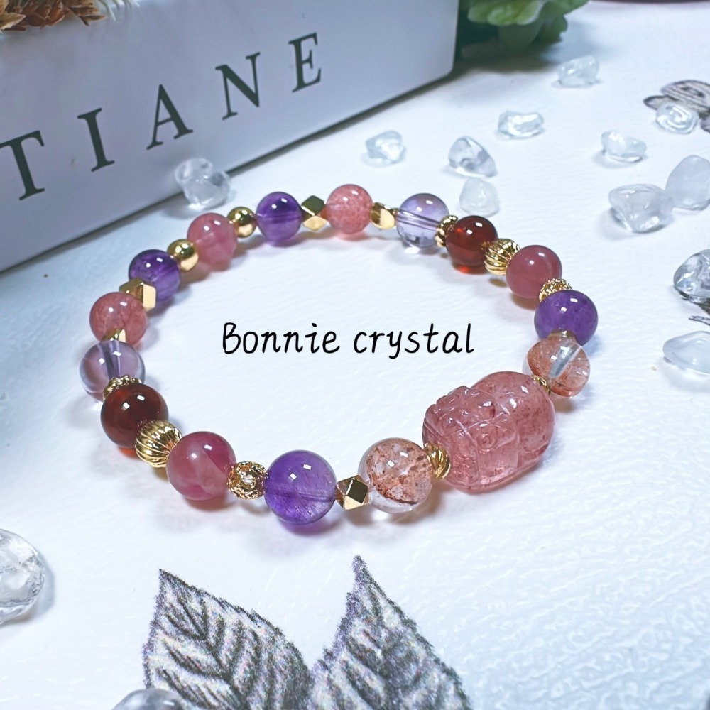 ✨✨ 莓果派對設計手鍊✨✨草莓晶貔貅、紅膠花、粉碧璽、粉紫超七、紅石榴石、紫水晶-細節圖4