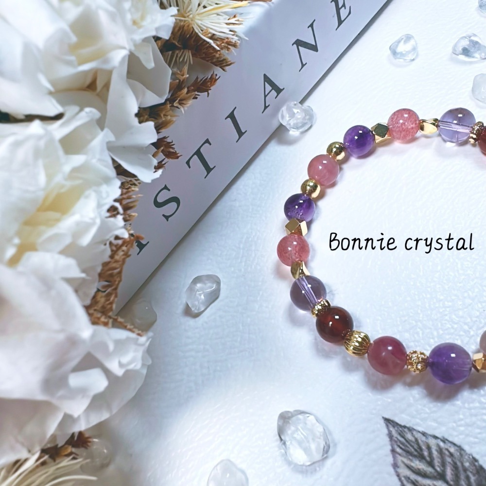 ✨✨ 莓果派對設計手鍊✨✨草莓晶貔貅、紅膠花、粉碧璽、粉紫超七、紅石榴石、紫水晶-細節圖5