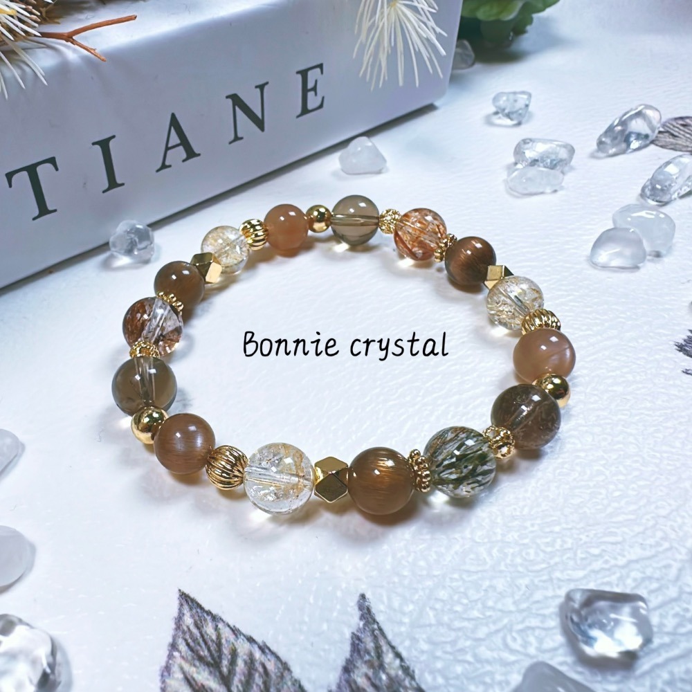 ✨✨ 琥澄設計手鍊✨✨奶茶月光、黑金超、茶晶、錦鯉膠花、黑金骨幹石-細節圖2