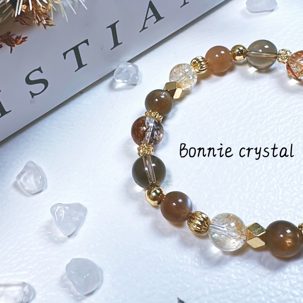 ✨✨ 琥澄設計手鍊✨✨奶茶月光、黑金超、茶晶、錦鯉膠花、黑金骨幹石-細節圖3