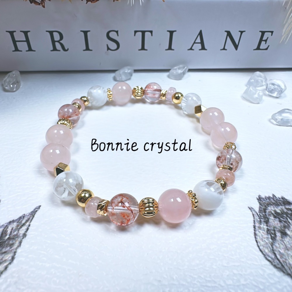 柔光夢境設計手鍊-粉晶、粉摩根石、粉膠花、雪花幽靈-細節圖3