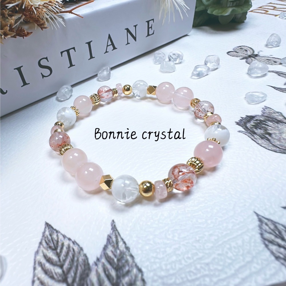 柔光夢境設計手鍊-粉晶、粉摩根石、粉膠花、雪花幽靈-細節圖2