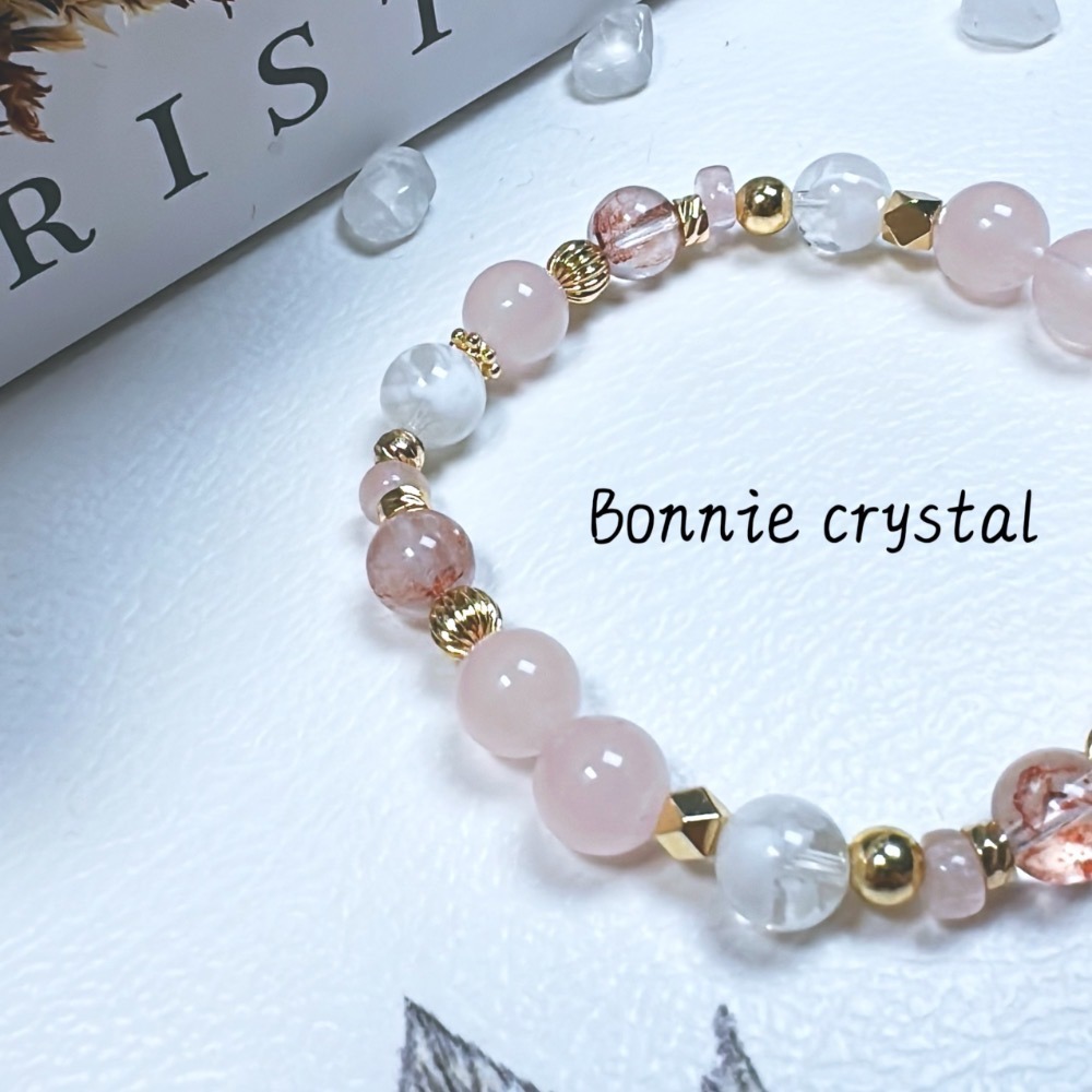 柔光夢境設計手鍊-粉晶、粉摩根石、粉膠花、雪花幽靈-細節圖4