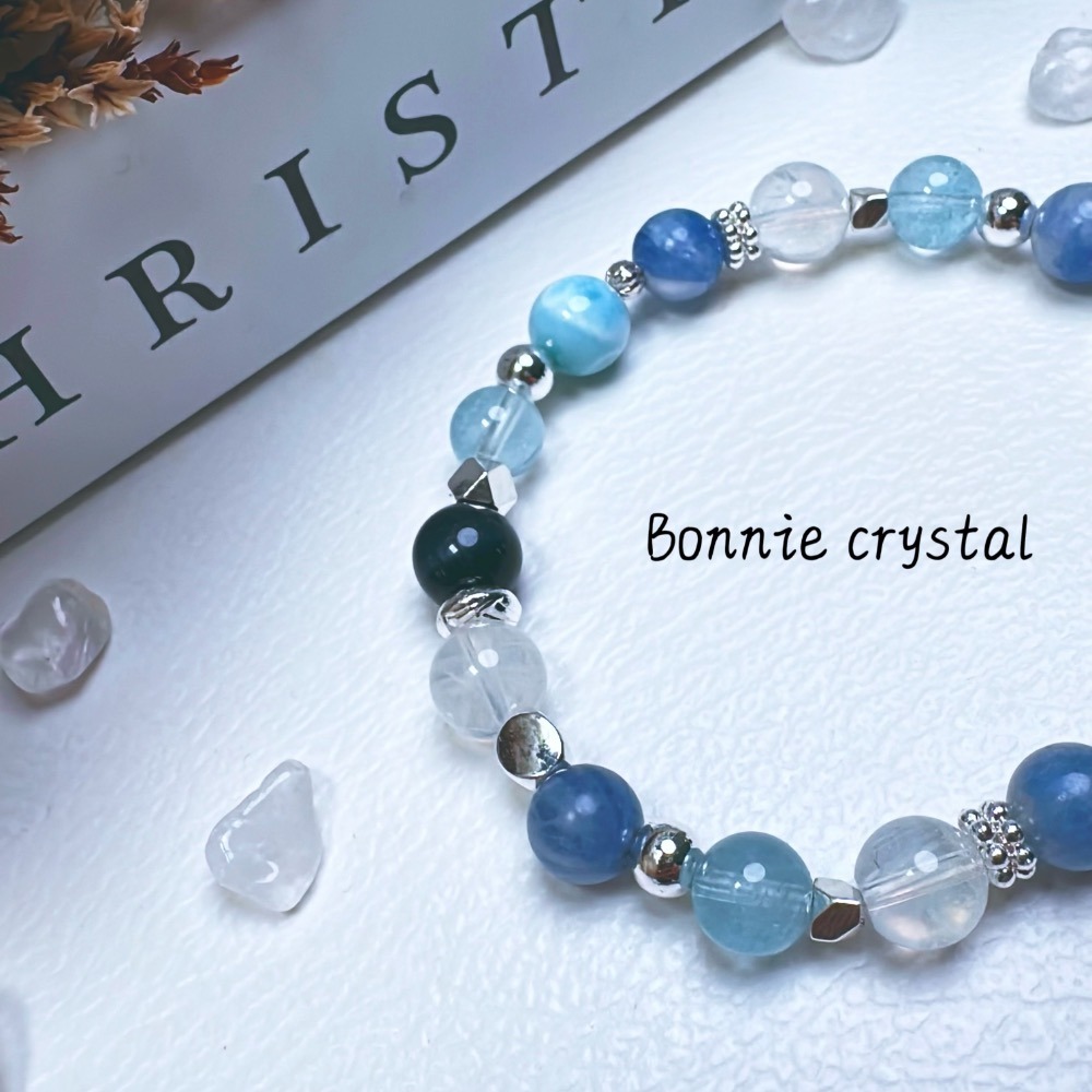 ✨✨ 海洋之心設計手鍊✨✨海紋石、透體藍晶石、藍虎眼、藍針石、藍托帕石-細節圖4