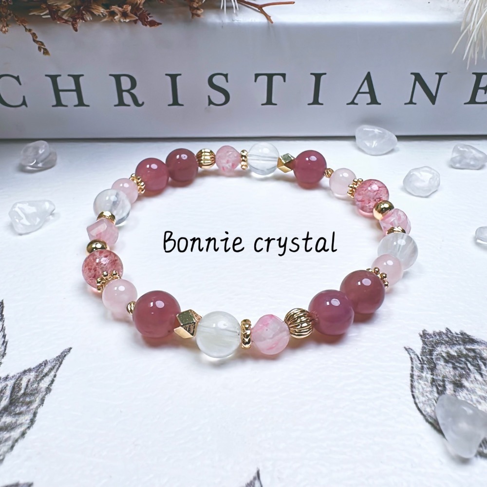 ✨✨ 戀愛女神設計手鍊✨✨草莓晶、粉晶、紫馬粉、櫻花薔薇輝、白兔毛-細節圖2