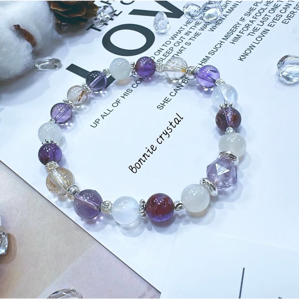 ✨✨ 紫霞星漫設計手鍊✨✨紫水晶、紫幽靈、金髮晶、月光石、藍月光-細節圖3