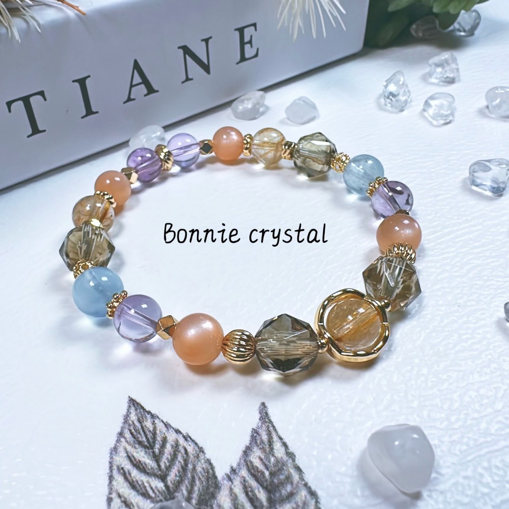 ✨✨ 暖日設計手鍊✨✨橙月光、金髮晶、海藍寶、鑽切茶晶、紫水晶-細節圖2
