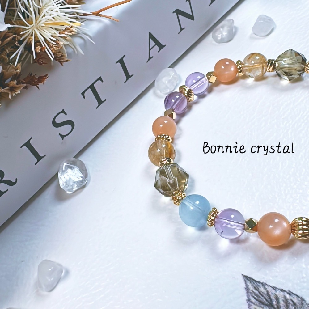 ✨✨ 暖日設計手鍊✨✨橙月光、金髮晶、海藍寶、鑽切茶晶、紫水晶-細節圖4