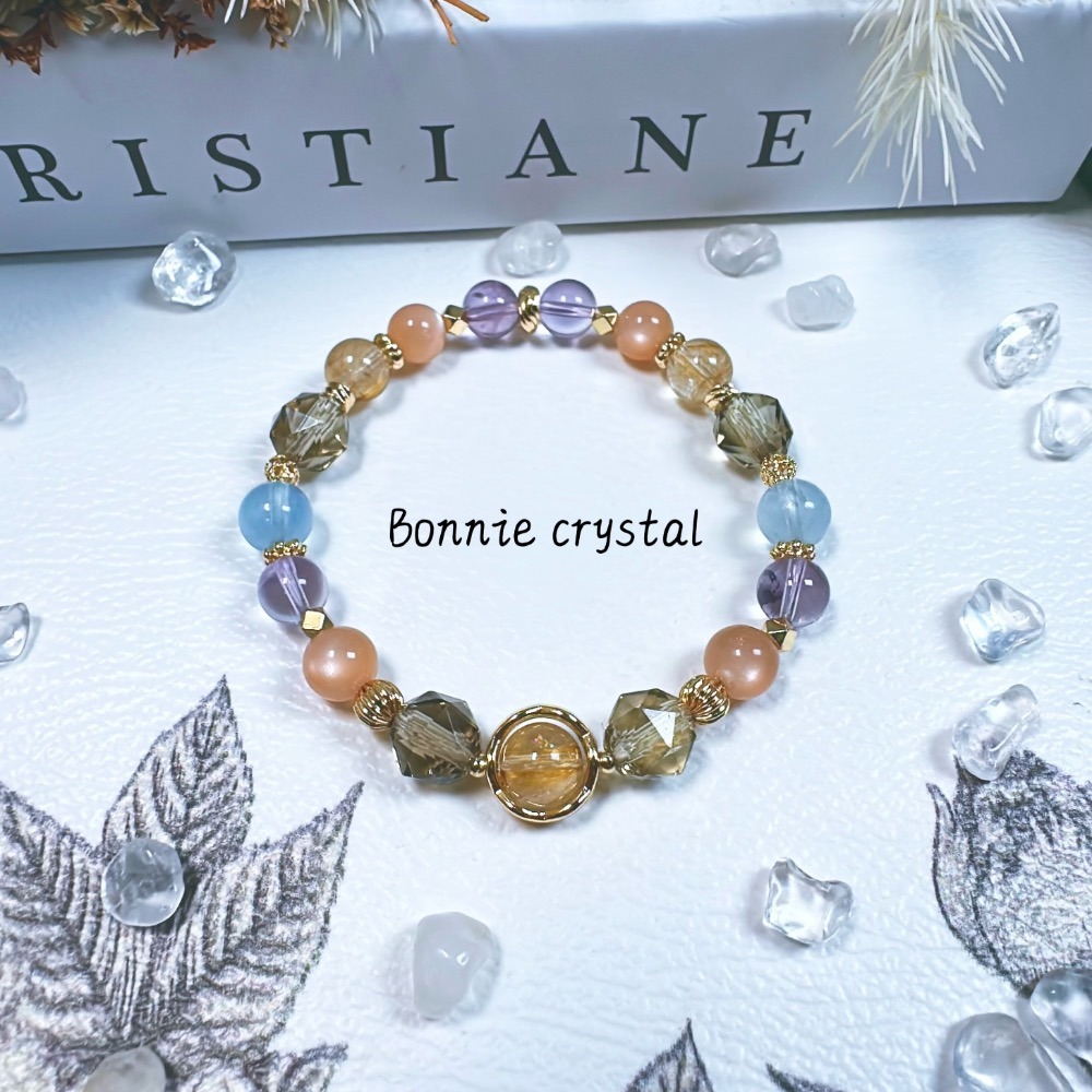 ✨✨ 暖日設計手鍊✨✨橙月光、金髮晶、海藍寶、鑽切茶晶、紫水晶-細節圖5
