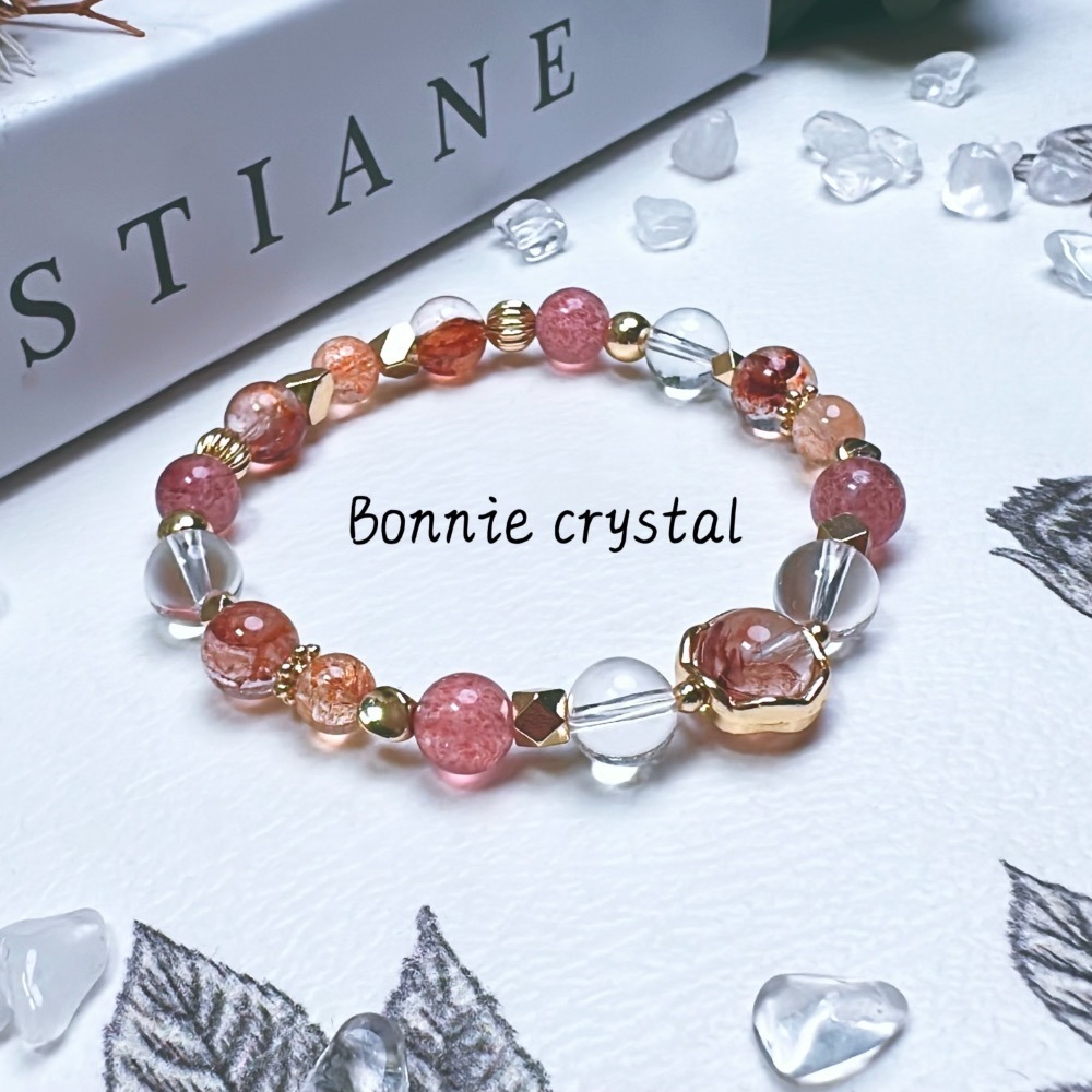 ✨✨ 紅韻設計手鍊✨✨紅膠花、草莓晶、透體金太陽、白水晶-細節圖3