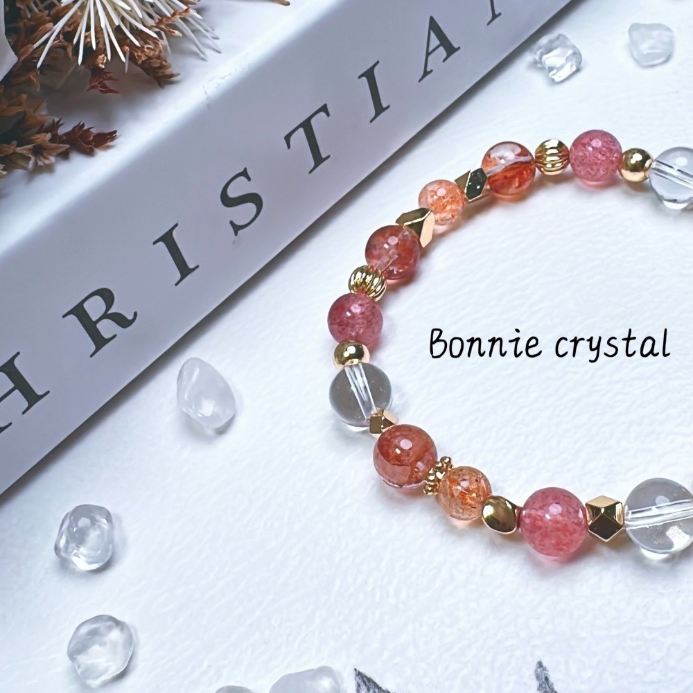 ✨✨ 紅韻設計手鍊✨✨紅膠花、草莓晶、透體金太陽、白水晶-細節圖4