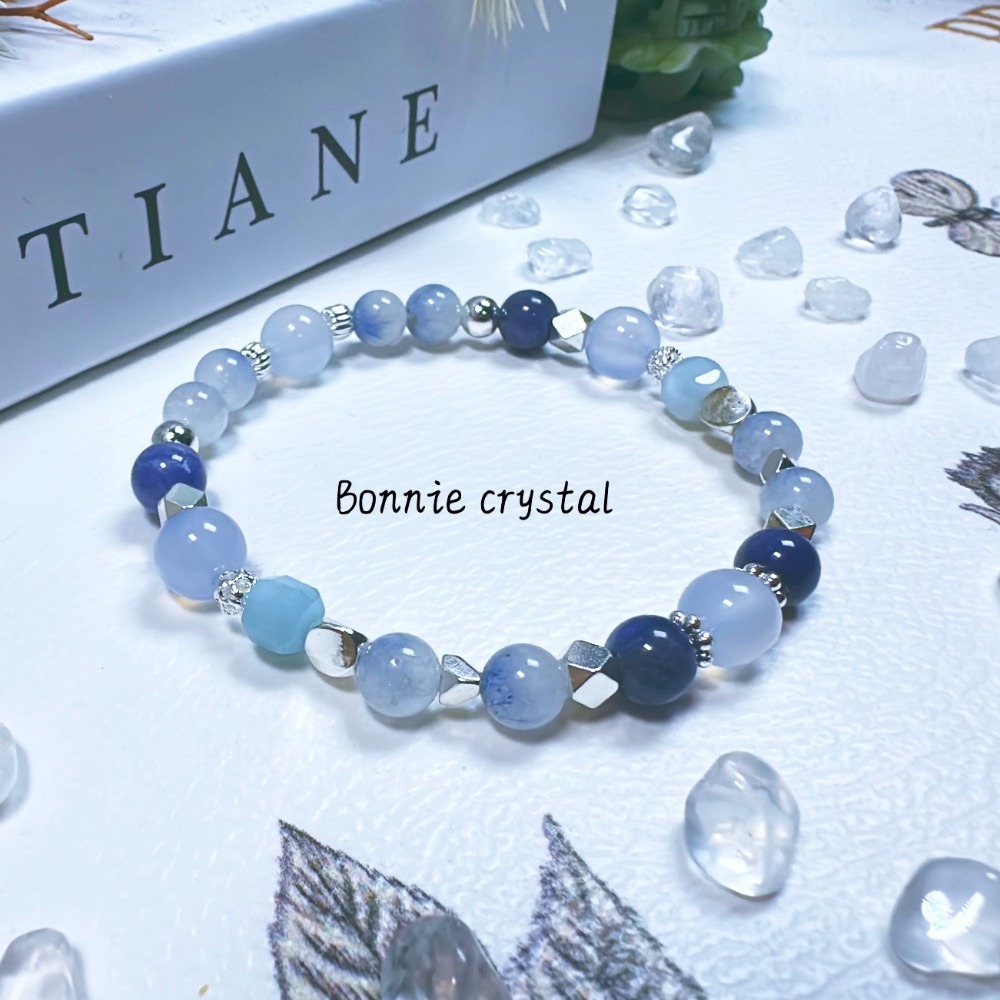 ✨✨ 海韻設計手鍊✨✨藍線石、鑽切海藍寶、藍玉髓、坦桑石-細節圖3