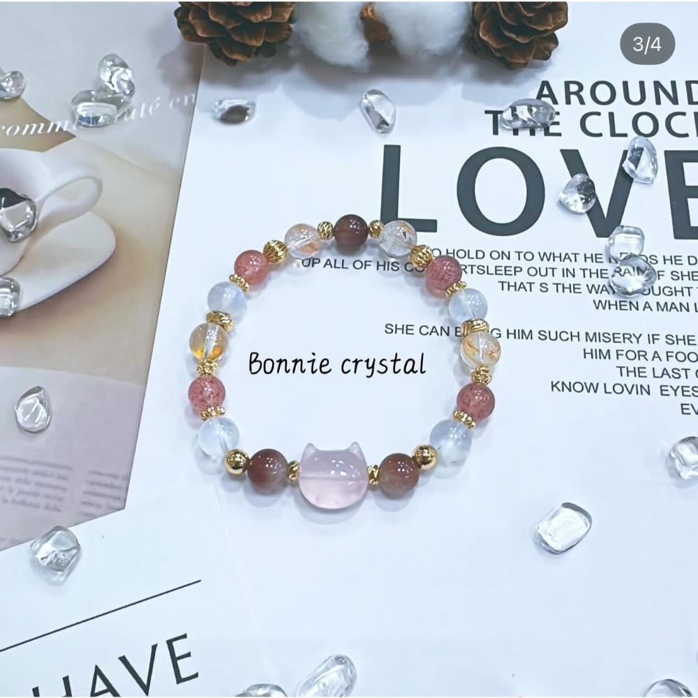 ✨✨ 繽紛果凍設計手鍊✨✨粉晶貓頭、粉晶、草莓晶、粉紫兔毛、橙膠花、藍月光-細節圖3