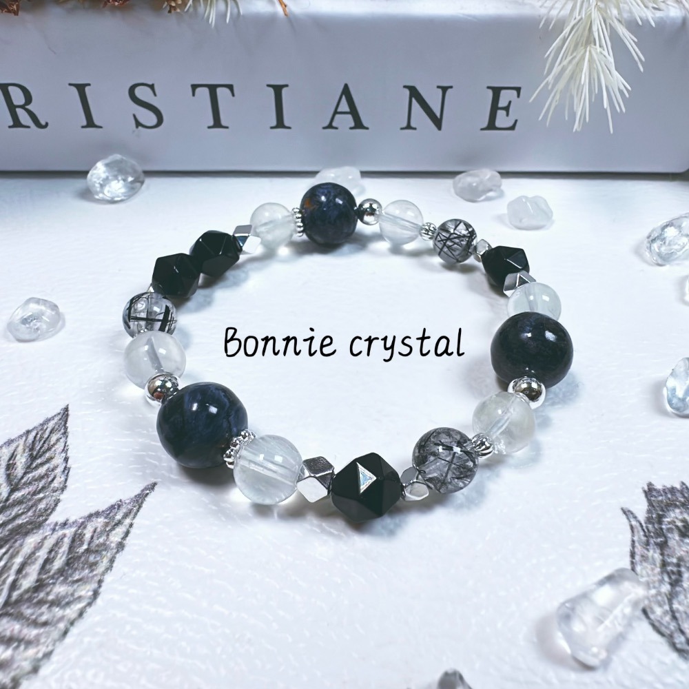 ✨✨ 霧辰設計水晶手鍊✨✨藍彼得石、鑽切黑曜石、黑髮晶、白兔毛-細節圖2