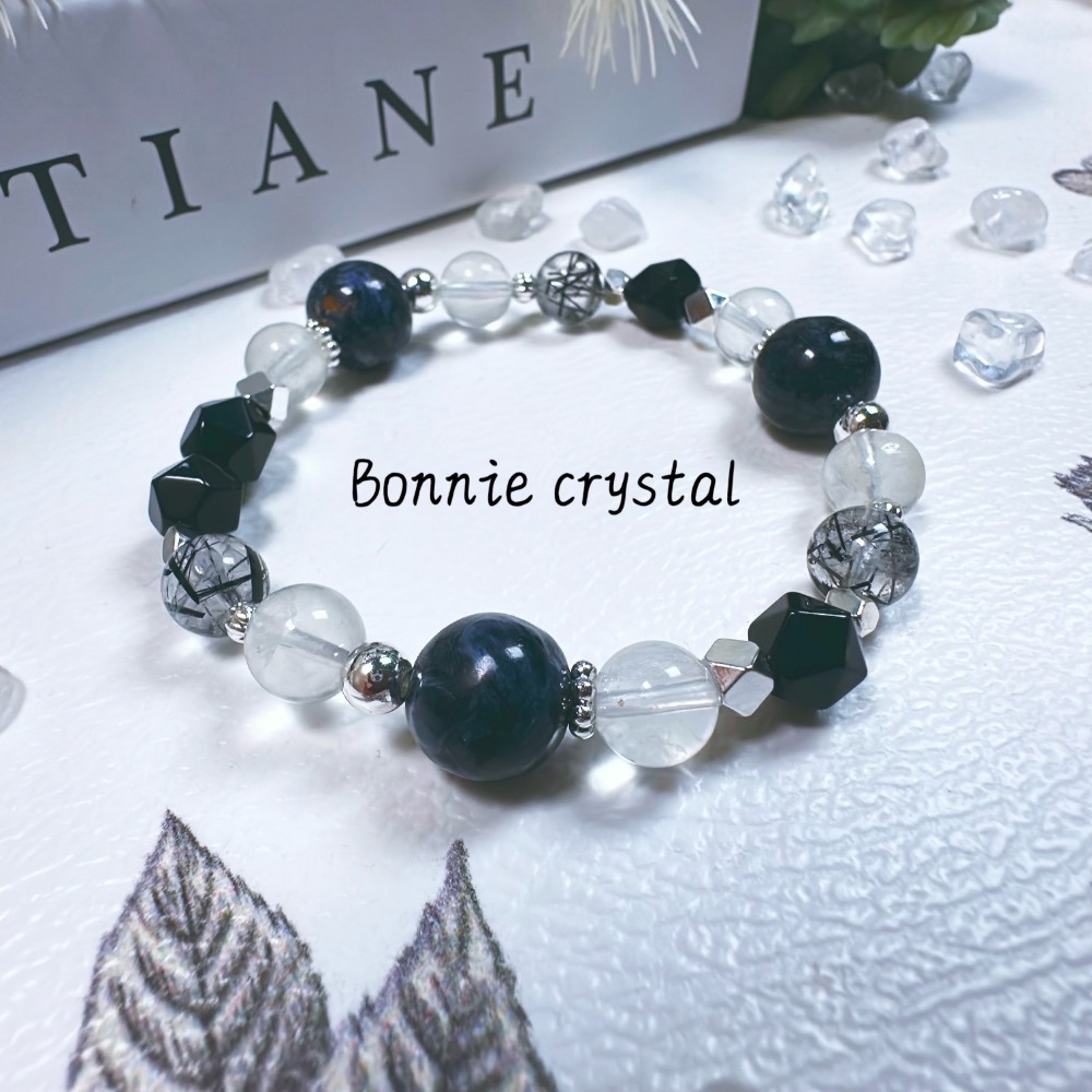 ✨✨ 霧辰設計水晶手鍊✨✨藍彼得石、鑽切黑曜石、黑髮晶、白兔毛-細節圖3