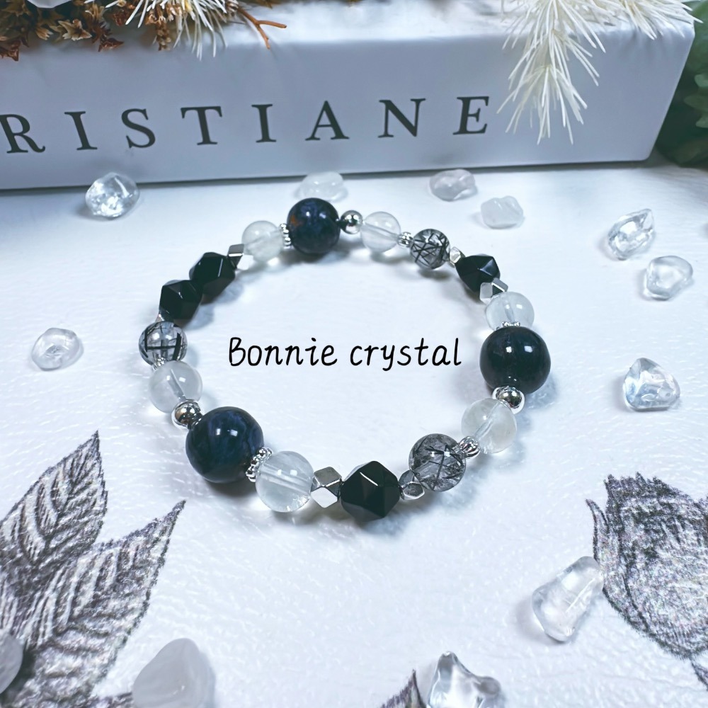 ✨✨ 霧辰設計水晶手鍊✨✨藍彼得石、鑽切黑曜石、黑髮晶、白兔毛-細節圖4
