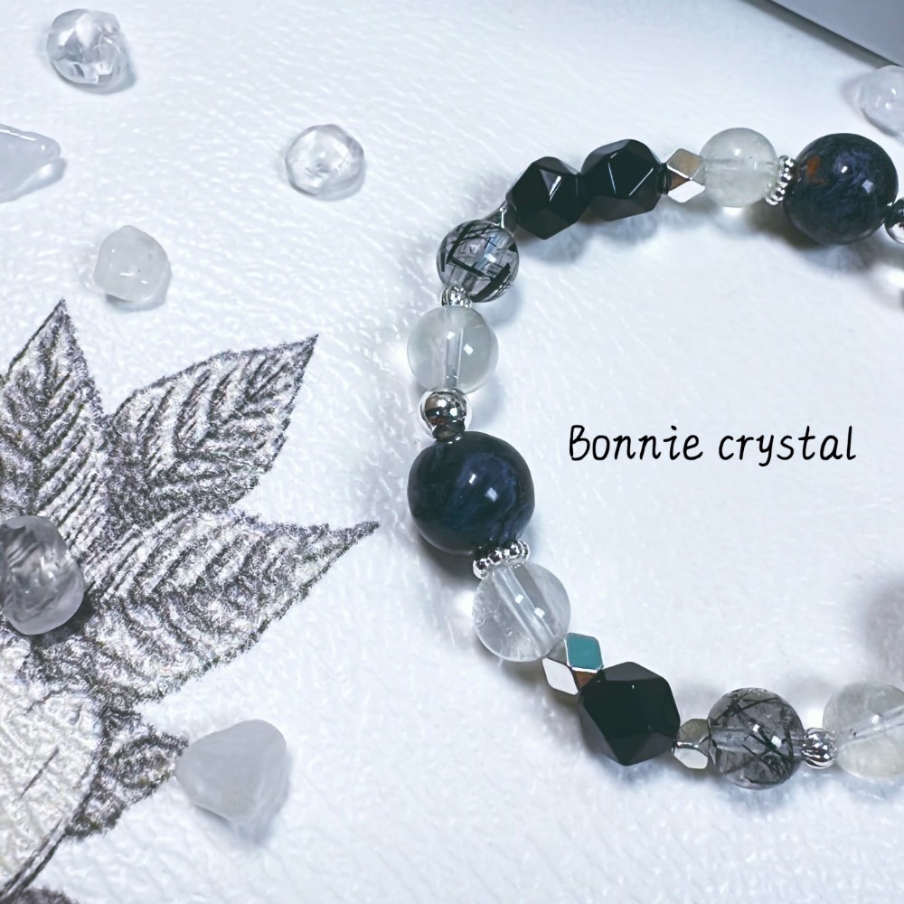 ✨✨ 霧辰設計水晶手鍊✨✨藍彼得石、鑽切黑曜石、黑髮晶、白兔毛-細節圖5