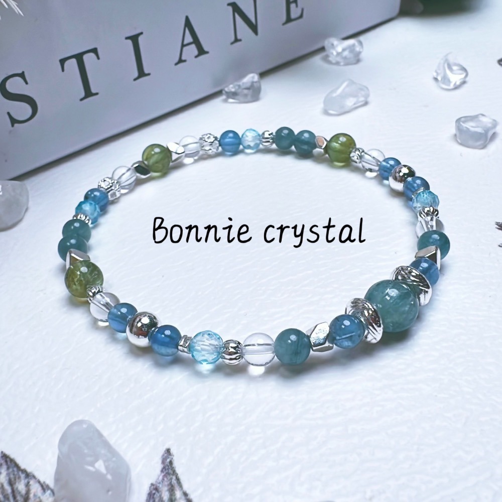 ✨✨ 澈森設計款水晶手鍊✨✨藍綠晶、魔鬼海藍寶、鑽切藍托帕石、綠磷灰、白水晶-細節圖3