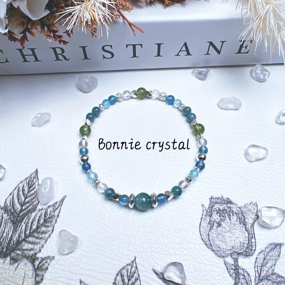 ✨✨ 澈森設計款水晶手鍊✨✨藍綠晶、魔鬼海藍寶、鑽切藍托帕石、綠磷灰、白水晶-細節圖5