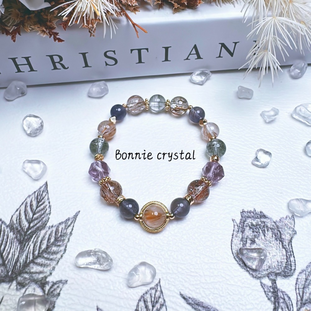 ✨✨ 沐光設計水晶手鍊✨✨羽毛鈦晶、綠幽靈、堇青石、黑金超、鑽切紫水晶-細節圖5