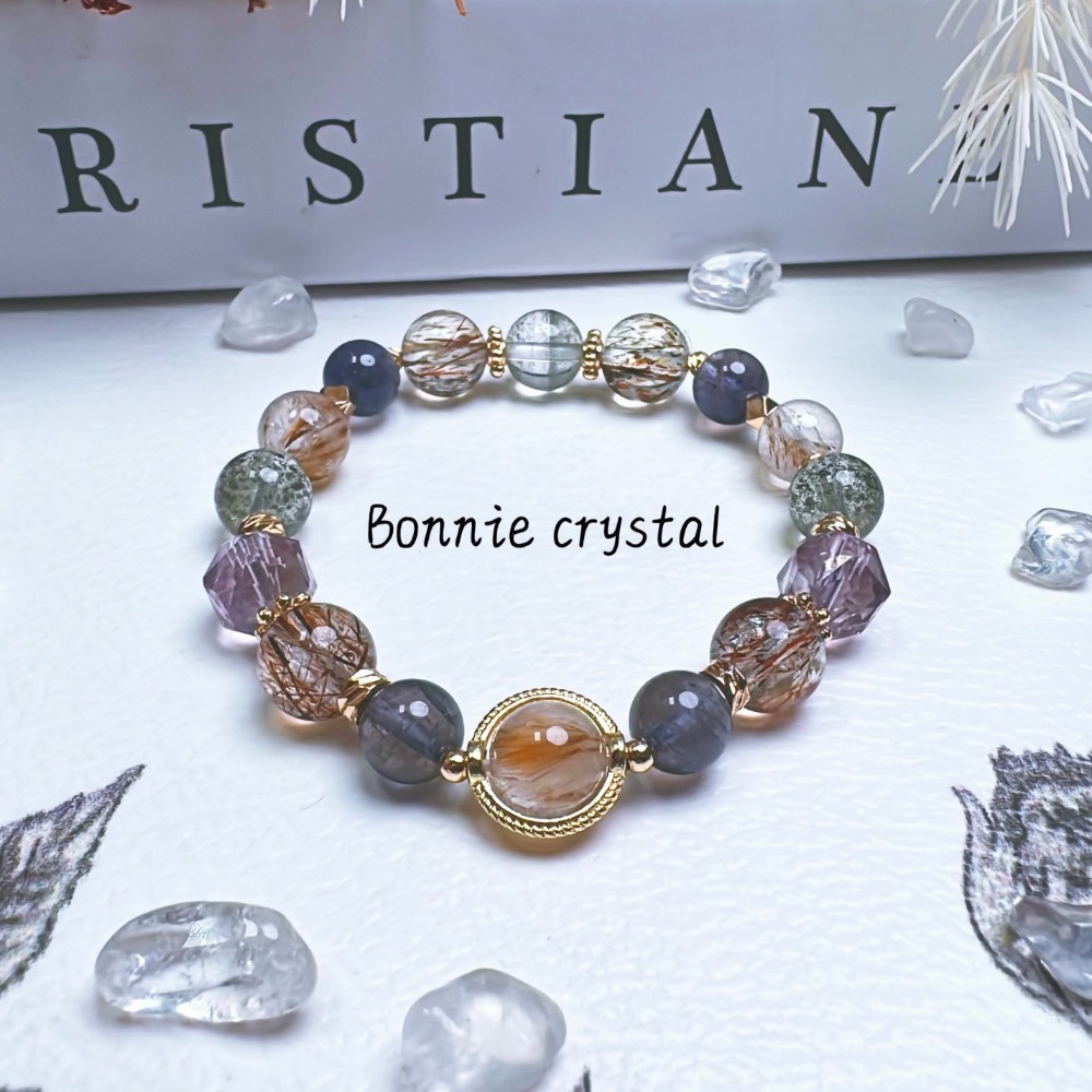 ✨✨ 沐光設計水晶手鍊✨✨羽毛鈦晶、綠幽靈、堇青石、黑金超、鑽切紫水晶-細節圖2