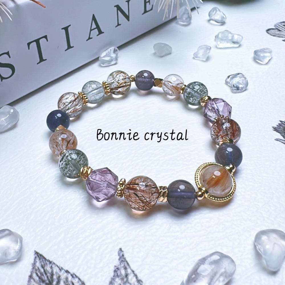 ✨✨ 沐光設計水晶手鍊✨✨羽毛鈦晶、綠幽靈、堇青石、黑金超、鑽切紫水晶-細節圖3