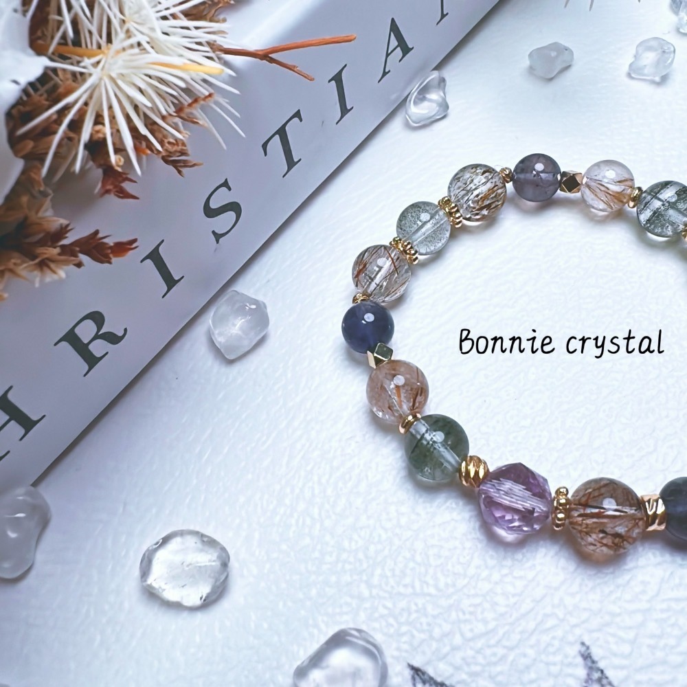 ✨✨ 沐光設計水晶手鍊✨✨羽毛鈦晶、綠幽靈、堇青石、黑金超、鑽切紫水晶-細節圖4