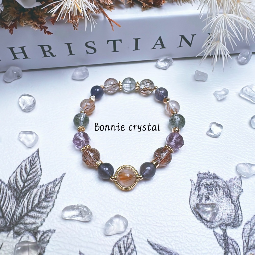 ✨✨ 沐光設計水晶手鍊✨✨羽毛鈦晶、綠幽靈、堇青石、黑金超、鑽切紫水晶-細節圖5