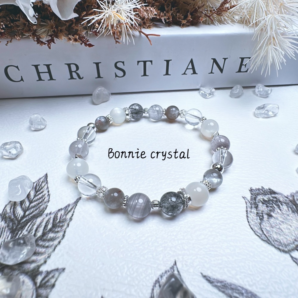 ✨✨ 煙嶼設計水晶手鍊✨✨星輝骨幹、灰藍幽靈、黑髮晶、月光石、白水晶-細節圖3