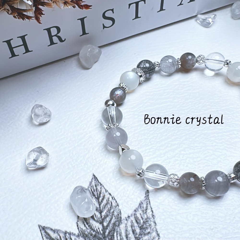 ✨✨ 煙嶼設計水晶手鍊✨✨星輝骨幹、灰藍幽靈、黑髮晶、月光石、白水晶-細節圖4