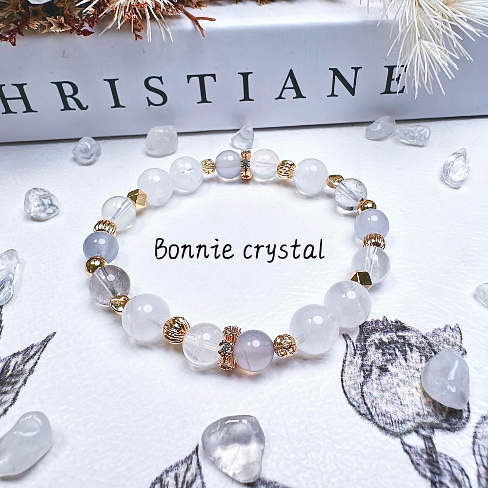 ✨✨ 白境設計水晶手鍊✨✨白幽靈、藍針石、藍玉髓、黑銀鈦-細節圖2