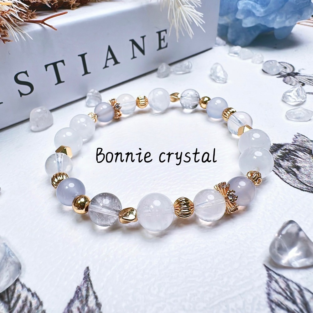 ✨✨ 白境設計水晶手鍊✨✨白幽靈、藍針石、藍玉髓、黑銀鈦-細節圖3