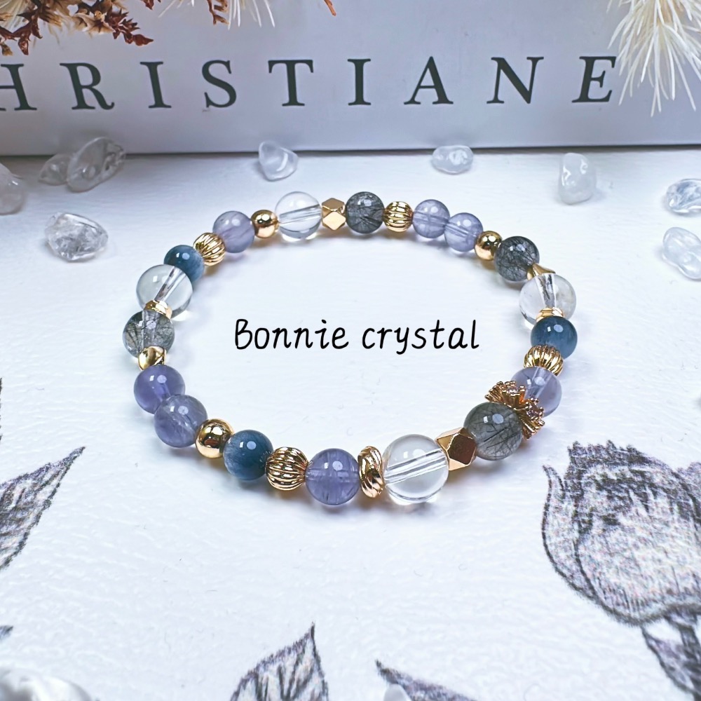 ✨✨ 靛藍設計水晶手鍊✨✨透體菫青石、藍線石、黑髮晶、白水晶-細節圖2