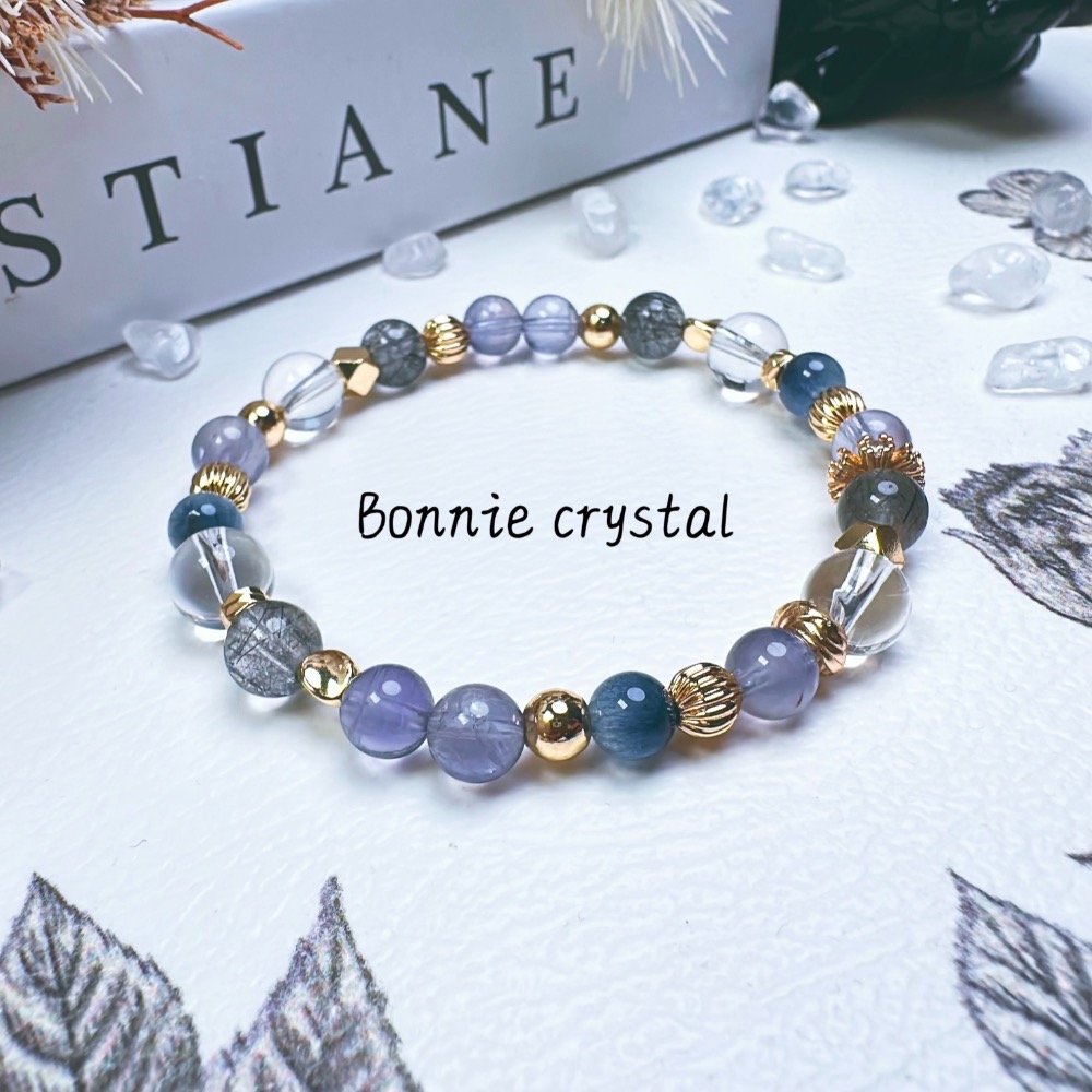 ✨✨ 靛藍設計水晶手鍊✨✨透體菫青石、藍線石、黑髮晶、白水晶-細節圖3