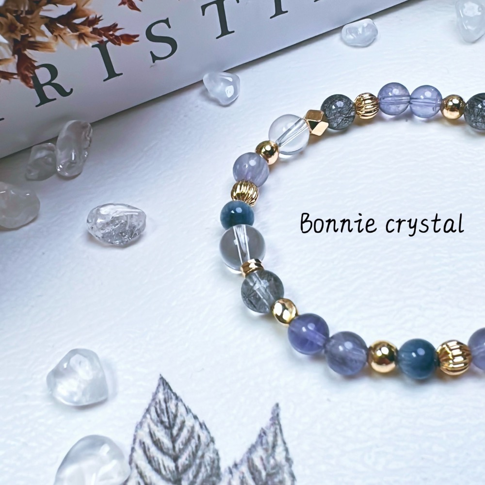 ✨✨ 靛藍設計水晶手鍊✨✨透體菫青石、藍線石、黑髮晶、白水晶-細節圖4
