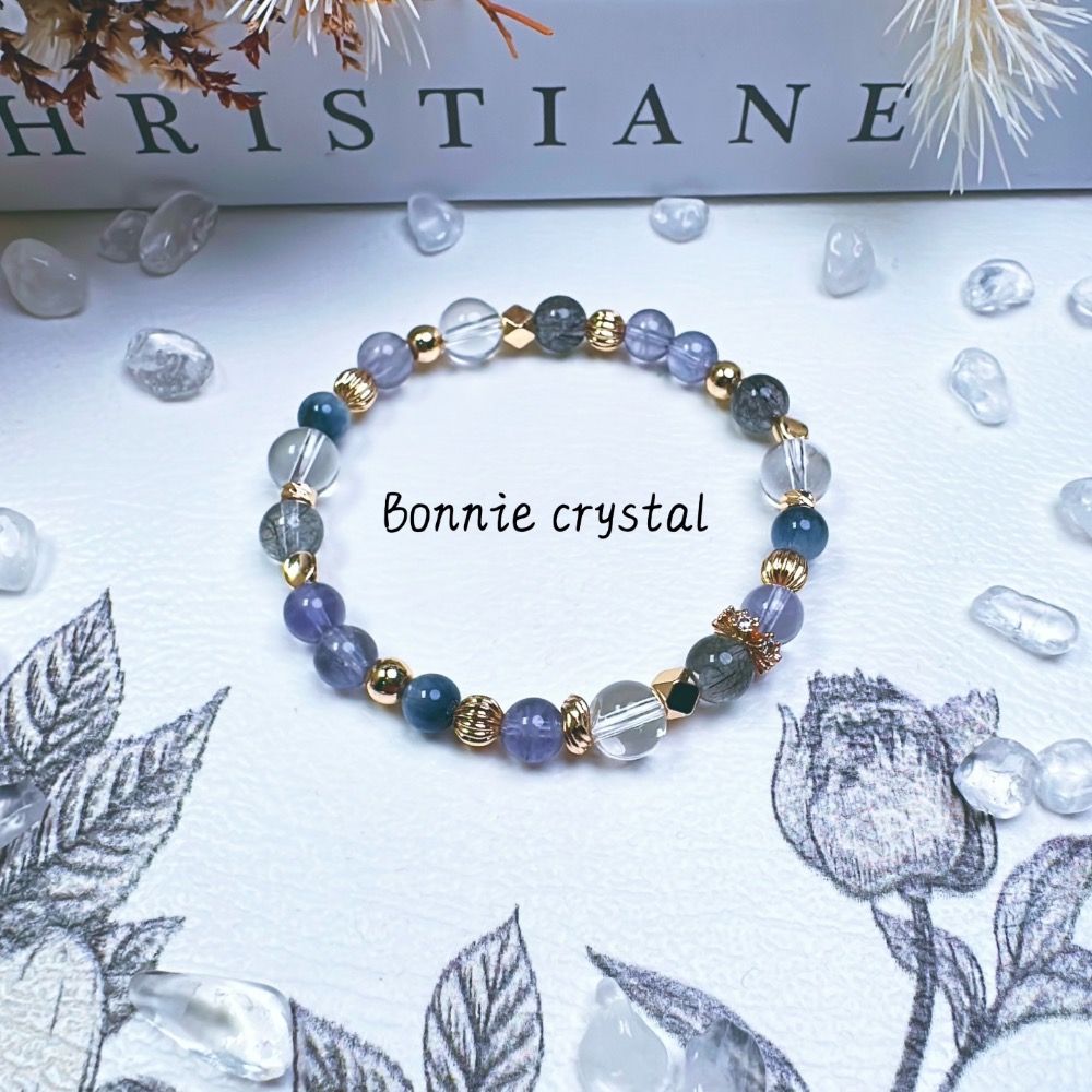 ✨✨ 靛藍設計水晶手鍊✨✨透體菫青石、藍線石、黑髮晶、白水晶-細節圖5