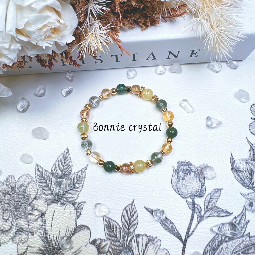 ✨✨ 初芽設計水晶手鍊✨✨綠磷灰、綠幽靈、桂花托帕石、黃水晶、金髮晶-細節圖4